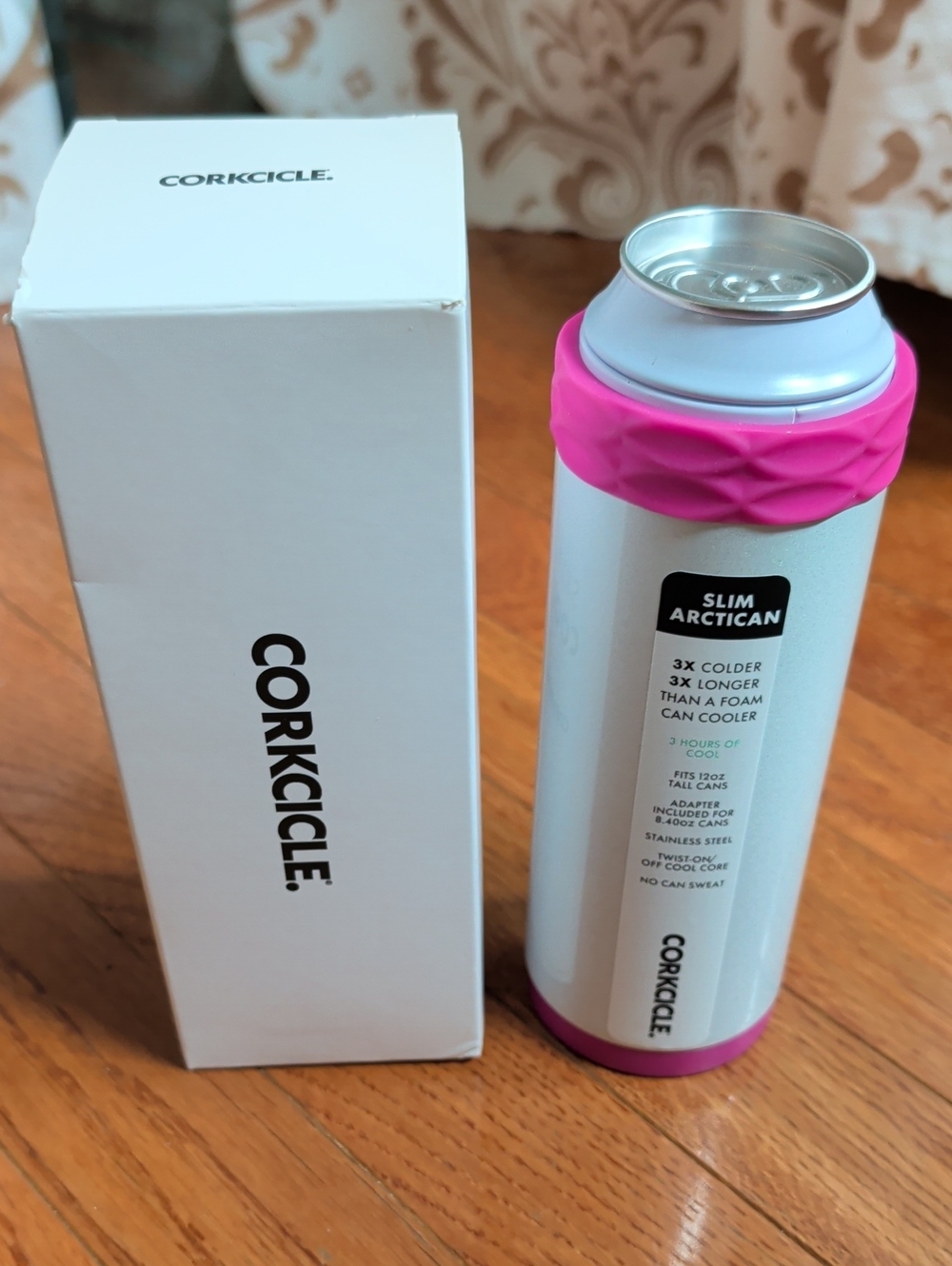 Corkcicle Slim Arctican Can Cooler - Silver with Pink Accents